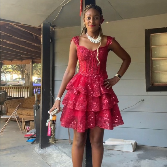 Dark Red A-Line Off The Shoulder Short Glitter Homecoming Dress With Appliques - Picture 1 of 4